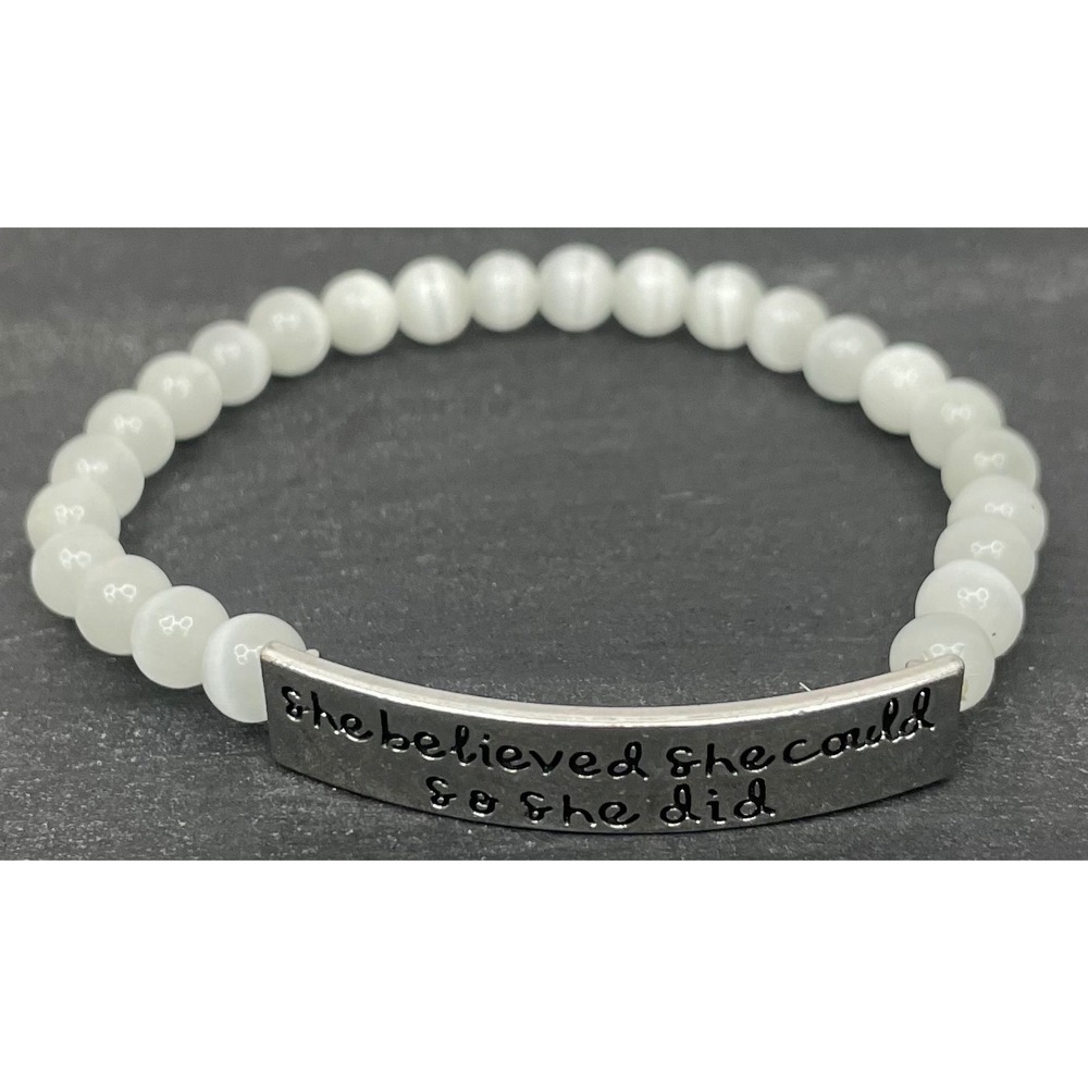 She Believed She‎ Could So She Did Bracelet White Cats Eye Beaded Stretch Women